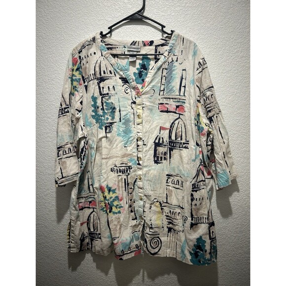 Catherines 2X Linen Cotton Tunic Top Novelty Abstract City Print Button Front - Picture 1 of 6